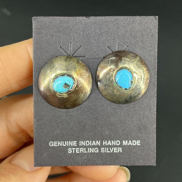 Vintage Sterling Silver & Turquoise Southwest Style Round Cufflinks Cuff Links - Picture 2 of 10